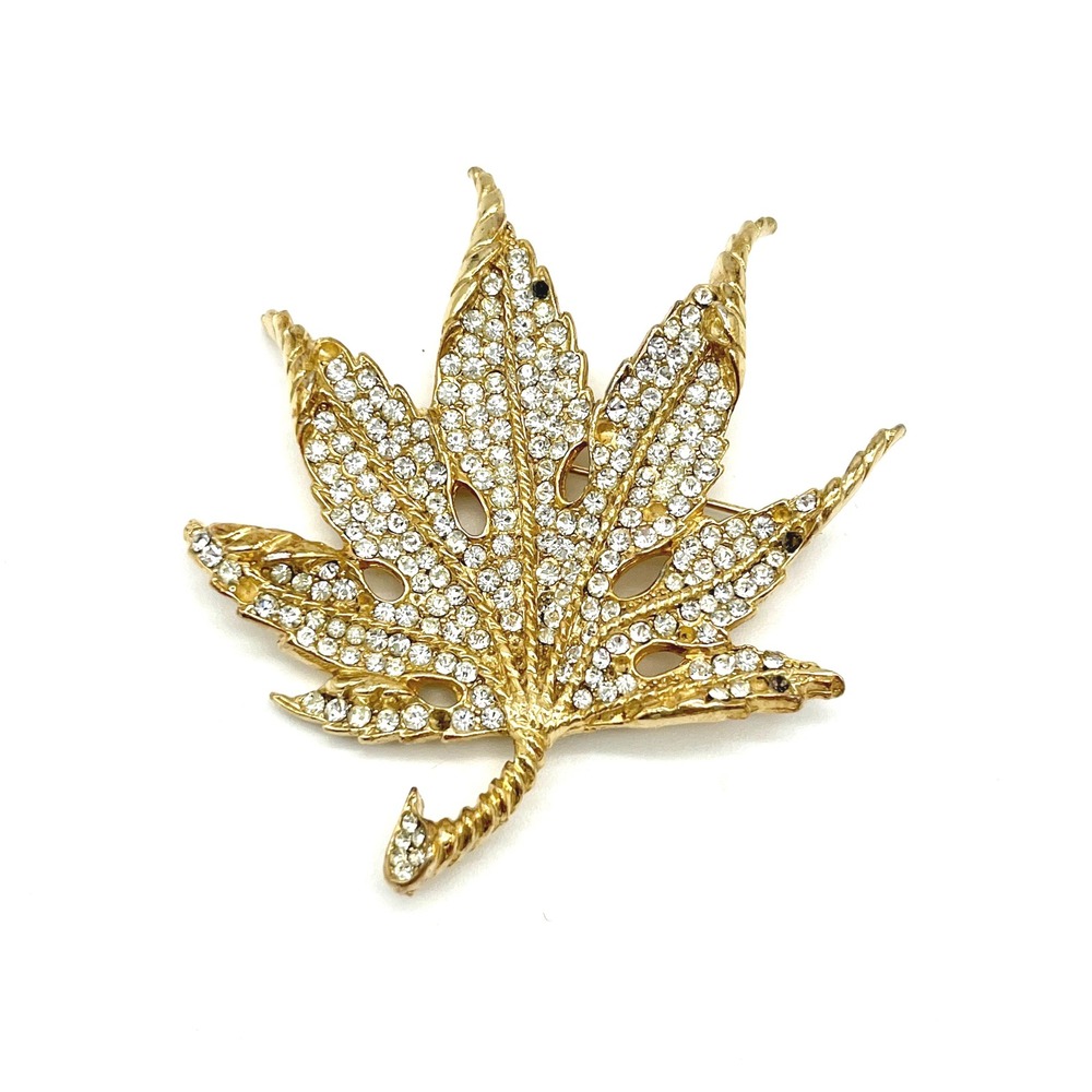 Rhinestone Leaf Brooch‎ Pin Gold Tone Statement Jewelry Missing Stones